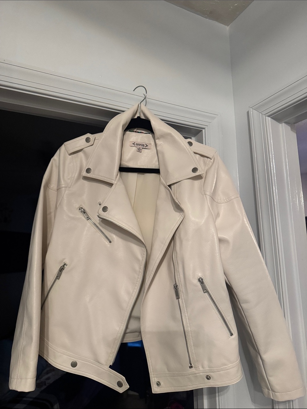 a new day Cream Faux Leather Moto Jacket with Silver Hardware